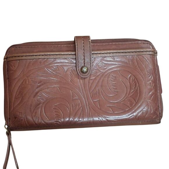 The Sak Brown Tooled Leather Long Wallet Clutch Crossbody (No Strap) RFI - Picture 1 of 7